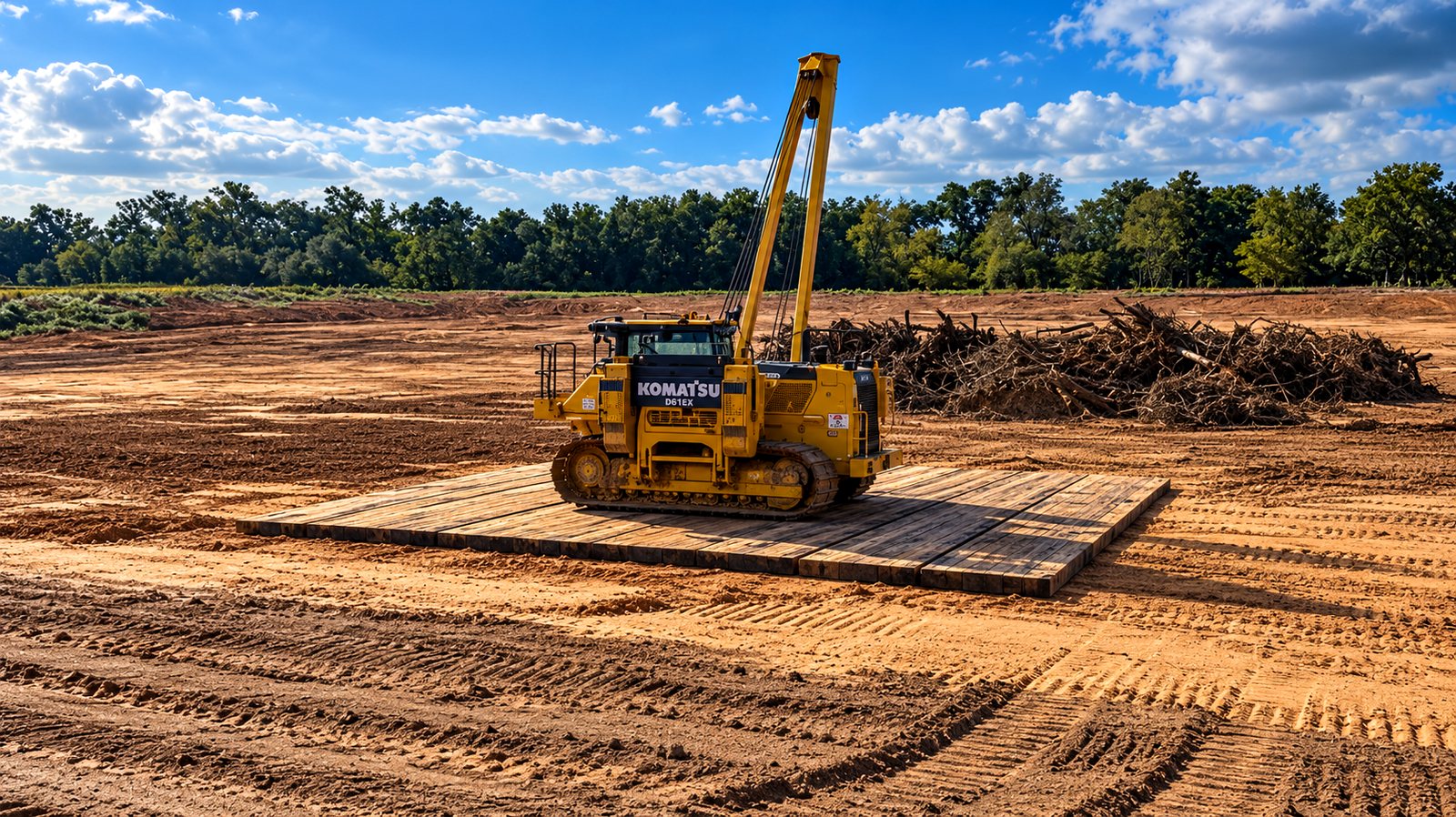Komatsu pipelayer parked on a pad of recycled HDPE digging mats under a coat of site mud, open right-of-way behind
